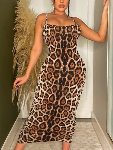 Image of Women's Midi Bodycon Tight Dress - Spaghetti Strap Summer Casual Leopard Cheeath Print Club Party Long Fitted Slip Dresses