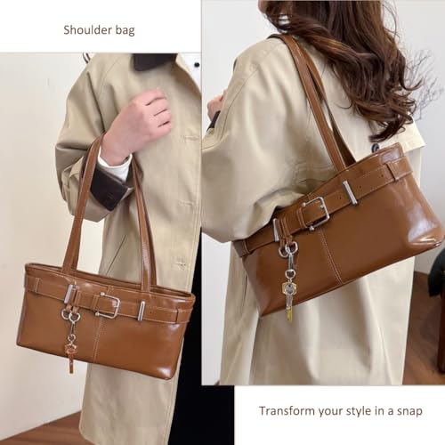 Vintage Y2K Shoulder Bag for Women,Small Belt Buckle Satchel Purse Leather Handbag Clutch Purse, Underarm Tote Handbag for Daily Use - Brown2