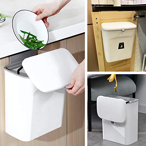KaryHome Compost Bin Indoor Kitchen SealedÂ with lid for Food Wasteï¼ŒSmall Kitchen Trash Can with Lid,Hanging Trash Can for Kitchen Cabinet Door or Under Sink, 9L White