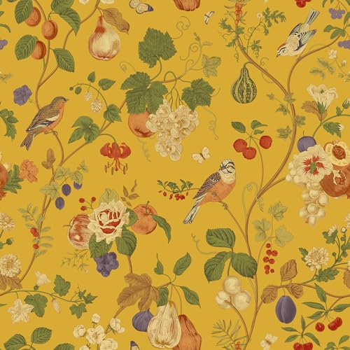 VEELIKE Papel Pintado Flores Chinoiserie Amarillo Vintage Papel Pintado Floral Pajaros Papel Paredes Decoración Estampado Fotomurales Habitacion Dormitorio Baño Extraíble Removible 44,5cmx300cm