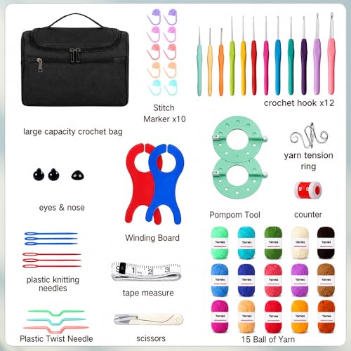 Image of Yarniss Crochet Kits with Yarn,1120 Yards Soft Crochet Skeins, 12 Size Ergonomic Crochet Hooks with Portable Crochet Bag,Black