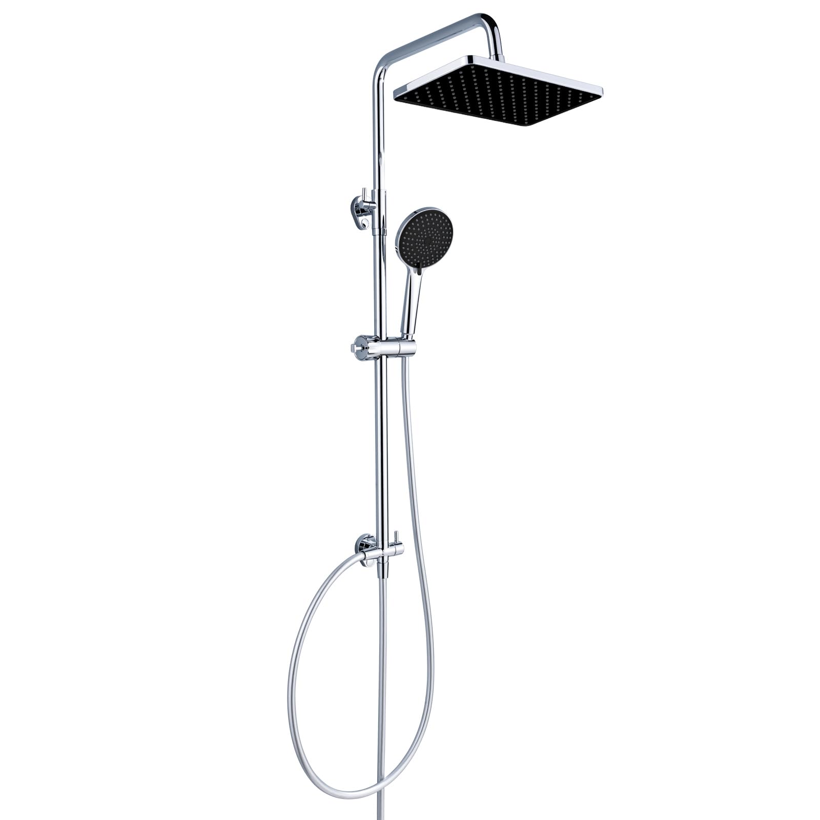 YEAUPE PRO Shower System without Fittings, Chrome Stainless Steel Shower Set, 30 x 20 cm Square Rain Shower Head, 3 Jet Types, Shower Head, Black, 65-102 cm, Height-Adjustable Shower Rail