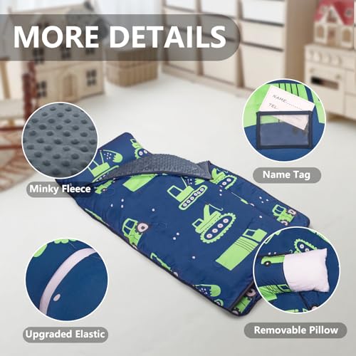 Image of Primlect Thickened Toddler Nap Mat with Removable Pillow and Minky Blanket, Extra Large 55''x35'' Sleeping Bag, Washable, Roll up, Perfect for Daycare, Preschool, Kindergarten, Boys (Excavator)