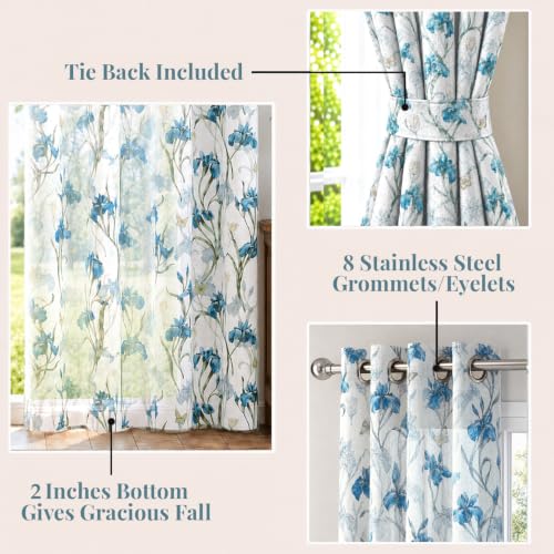 Image of HOKIPO Iris Sheer Curtain 7 Feet Long 1 Panel, Floral Print, Blue