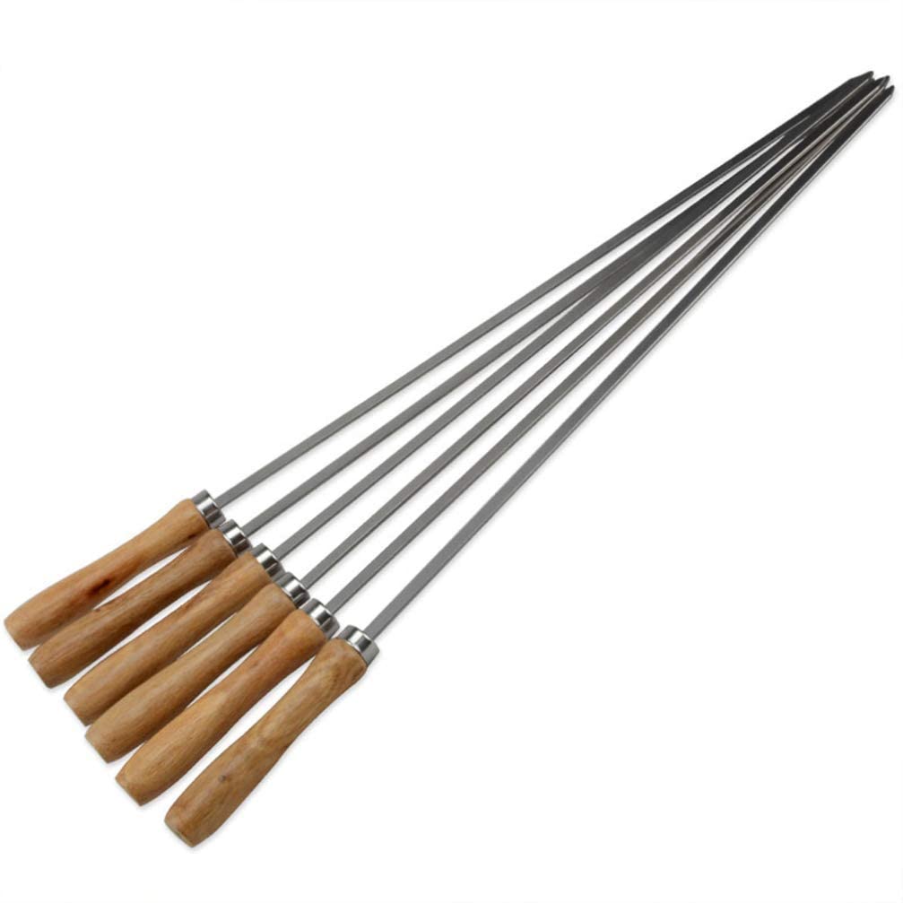 6 pezzi Manico in legno Spiedino per barbecue Spiedini per Kabob in acciaio inossidabile Bastoncini piatti in metallo Spiedini per grigliate Forchetta per arrostire per falò per la casa all'aperto