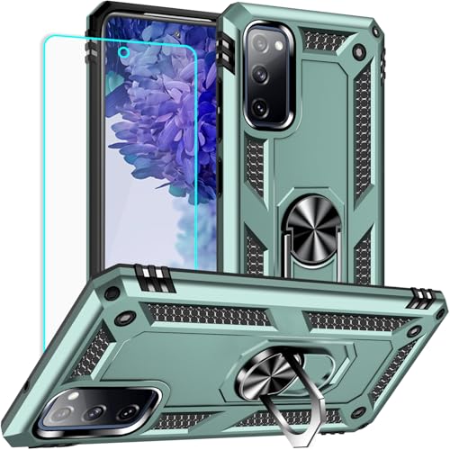 Yiakeng for Samsung Galaxy S20 FE Case, Military Grade Protective Case with Ring Stand, HD Screen Protector, Dark Green - image 1