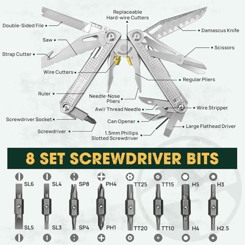 Multper Multitools Pliers Pro, Upgraded Multi Tool With Damascus Knife, Replaceable Wire Cutters and Screwdirver Set, Foldable Multitools with Scissors, Screwdriver, Ideal for Camping,Survival, Repair