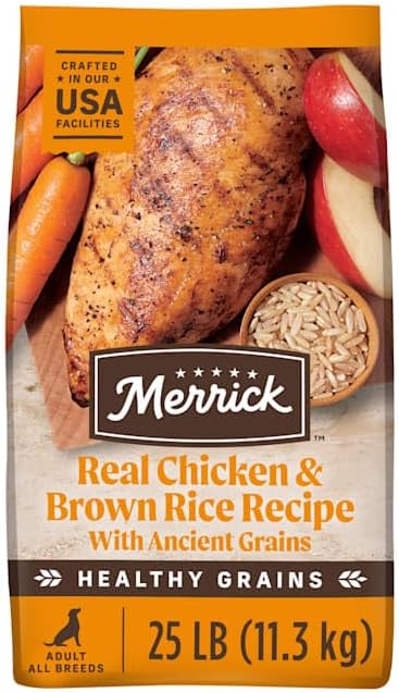 Merrick Healthy Grains Wholesome and Natural Kibble with Chicken and Brown Rice Premium Adult Dry Dog Food 25 lbs.