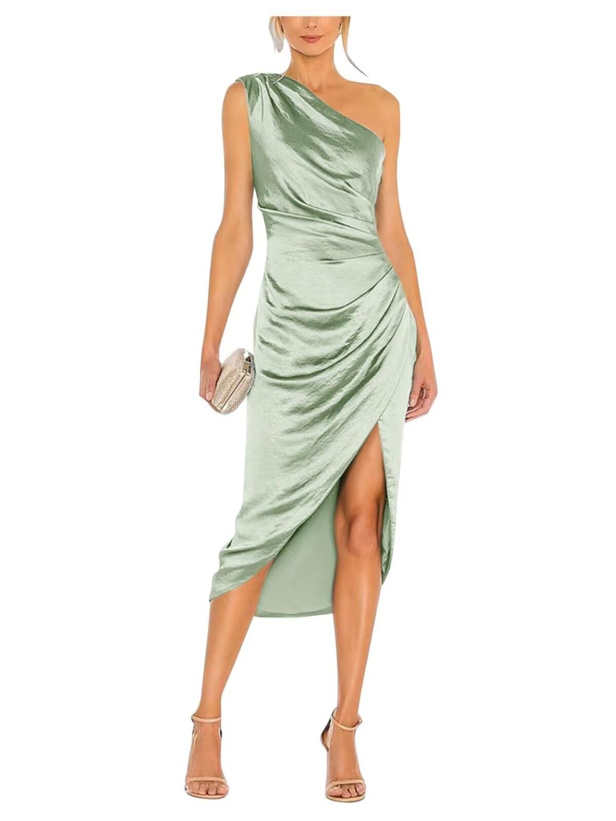 Satin Bridesmaid Dresses for Women One Shoulder Prom Dress Pleated Midi Formal Cocktail Gown Wedding Guest Dress with Slit