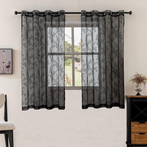 Anytime Black Lace Sheer Curtain Panels for Living Room Elegant Window Treatment Sets Light Filtering Translucent Draperies for Office (2 Panels,W55 x L54 inch)