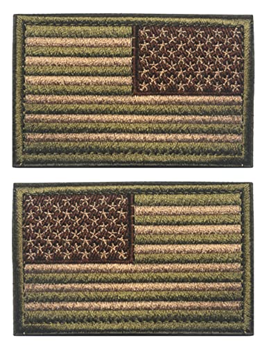 2 PCS AliPlus America Flag Patches Standard and Reverse Embroidered Tactical Morale Patch Hook and Loop(Green Brown)