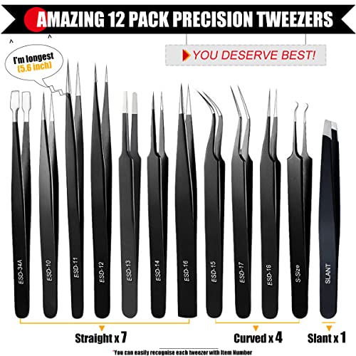 Antonki 12 Pack Precision Tweezers Set for Craft, Soldering, Jewelry, Facial Hair, Eyebrow, Ingrown Hair Removal, Eyelash Extension- with Case - Image 2