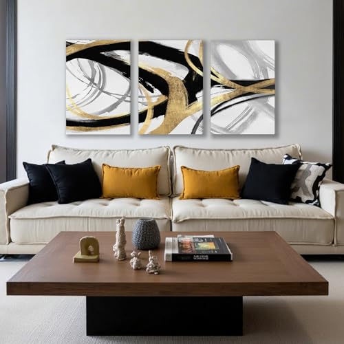 Image of DUWQU Triptych Black Gold White abstract Lines Canvas Wall Art 20x30 in x3 | Wooden frame, UV-resistant ink, Giclee printing process, Pre-installed hooks make it easy to hang home or office wall decor