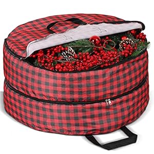 Double Christmas Wreath Storage Bag 30 Inch Buffalo Plaid Wreath Storage Container Seasonal Garland Holiday Container Wreath Storage Box with Dual Zippers and Handles for Festival Holiday (Black Red)