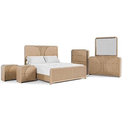 Furniture of America Tissen Modern Solid Wood 6-Piece King Bedroom Set with USB Ports, Reeded Panels, Curved Edges and Beveled Mirror, Box Spring Needed, Natural