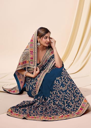 Image of TRENDMALLS Women's Vichitra Silk Heavy Embroidery With Siroski Stone Work Saree with Unstitch Blouse Piece For Women