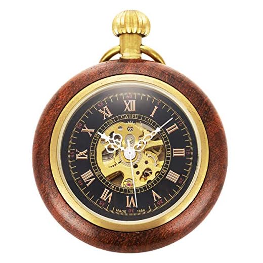 ManChDa Steampunk Mechanical Hand Wind Skeleton Pocket Watch Roman Copper Wooden with Chain Gift Box