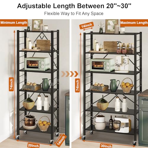 Image of Himix 6-Tier Foldable Storage Shelves with Wheels Adjustable Kitchen Black | Folding shelving units, Metal collapsible organization, Metal shelf, Changeable into 2 shelf units, Garage