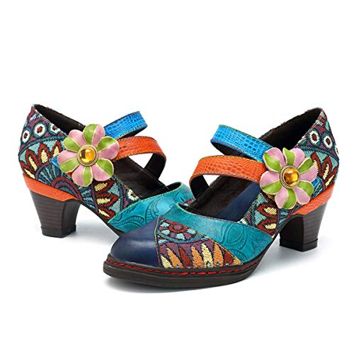 CrazycatZ Womens Leather Mary Jane Shoes Colorful Patchword Block Heel Pumps Vintage Mary Jane Shoes