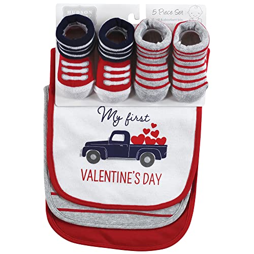 Image of Hudson Baby Unisex Baby Cotton Bib and Sock Set, Valentine Truck, One Size