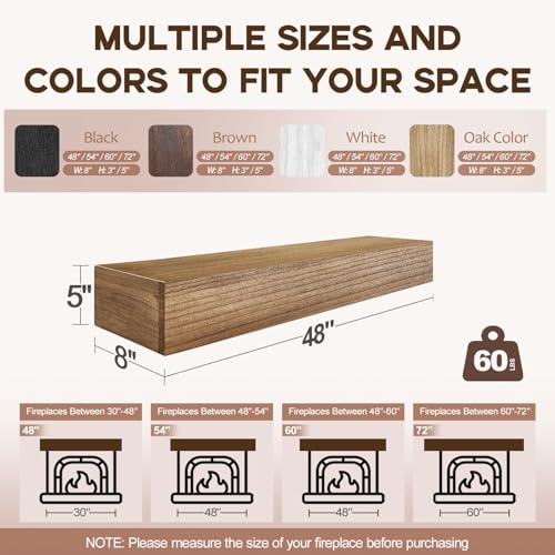 LXWZHK Fireplace Mantel Shelf, 48×8×5 Inch Wooden Floating Shelf for Over Fireplace, Handcrafted Wood Mantels, Wall-Mounted Mantel Shelves, Rustic Floating Mantels Shelves for Living Room, Oak Color