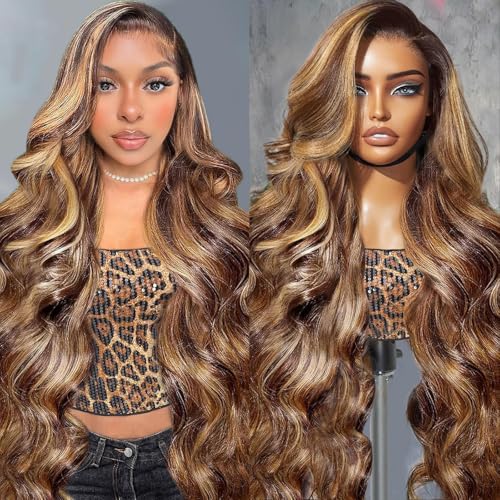 Hepnok 30 Inch Honey Blonde Wig Human Hair Highlight Body Wave Wig