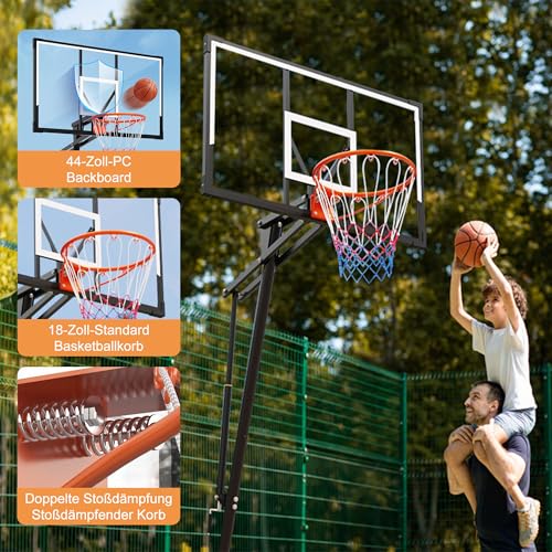 PIZZELLO Basketball Hoop Outdoor 44 Inch Shatterproof PC Backboard, 4.36-10FT Stepless Adjustable Height, Portable Basketball Hoop for Kids/Teens/Adults in Backyard, Driveway and Indoor