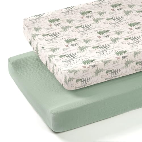 Image of lulumoon Muslin Changing Pad Cover: 2-Pack Soft Breathable Cotton Boho Forest Print for Baby Boys - Nursery & Baby Shower