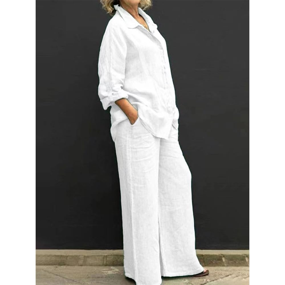 Ensemble décontracté 2 pièces en lin pour femme - Pantalon en coton et lin avec chemise boutonnée - Tenue à manches longues