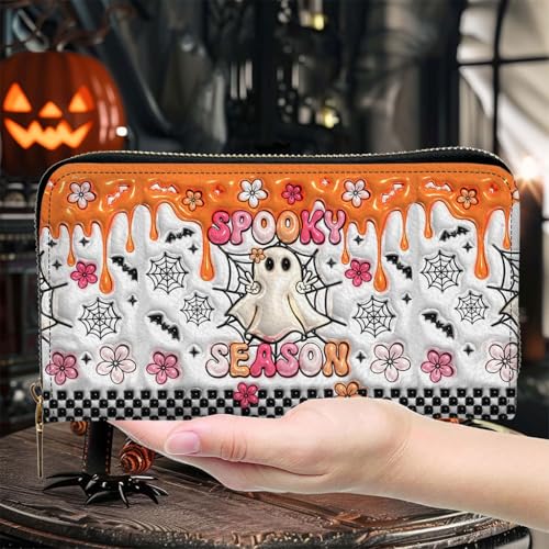 Spooky Vibe Print 3D Inflated Leather Handbag, Leather Wallet3