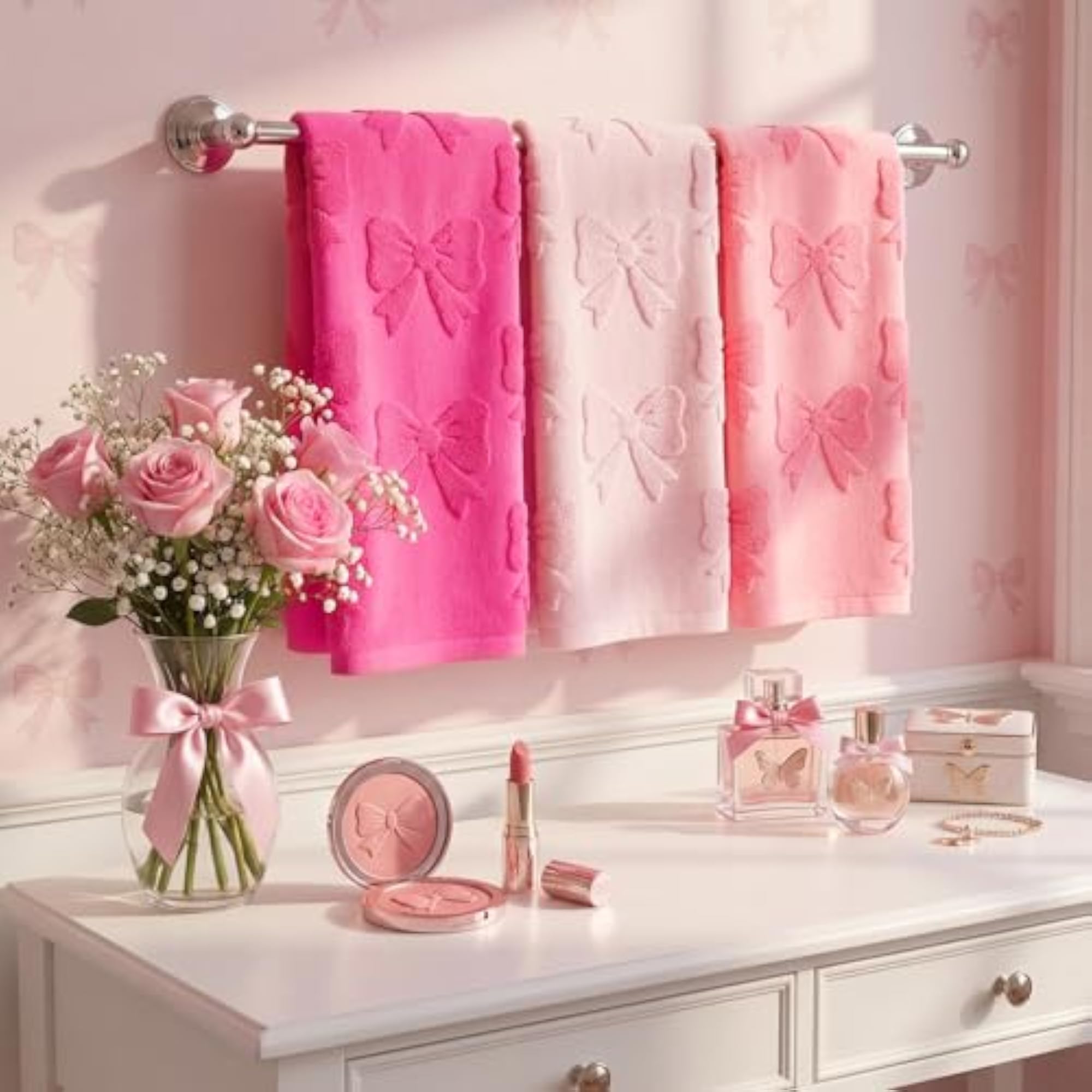 3 Pcs Pink Bow Hand Towels Set, Decorative Gift