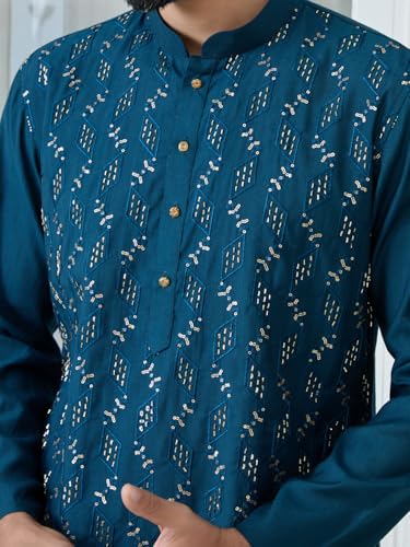 Image of See Designs Men's Full Sleeve Mandarin Collar Ethnic Motifs Embroidered Sequinned Mandarin Collar Straight Long Kurta with Pyjama - Festive Collection
