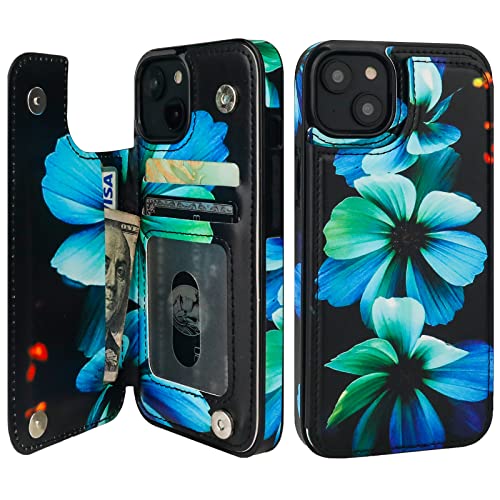 HAOPINSH for iPhone 13 Case Wallet with Card Holder, Blue Florals Pattern Back Flip Folio PU Leather Kickstand Card Slots Case for Women Girls, Double Magnetic Clasp Shockproof Cover 6.1"
