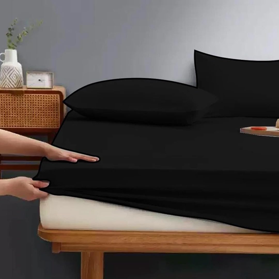Ziya Homes 25cm Deep Fitted Sheet King Size Polycotton Fabric - Breathable & Soft Hotel Grade Bed Sheets - Easy Care Non-Iron Bottom Sheet (Black, 152x200 cm) — image 1