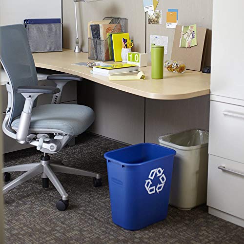 Image of Rubbermaid Commercial Products Deskside Recycling Can, 7-Gallon /28-Quart, Blue Recycling Symbol, Plastic, for Bedroom /Bathroom /Office /Under Desk /Sink, Pack of 4