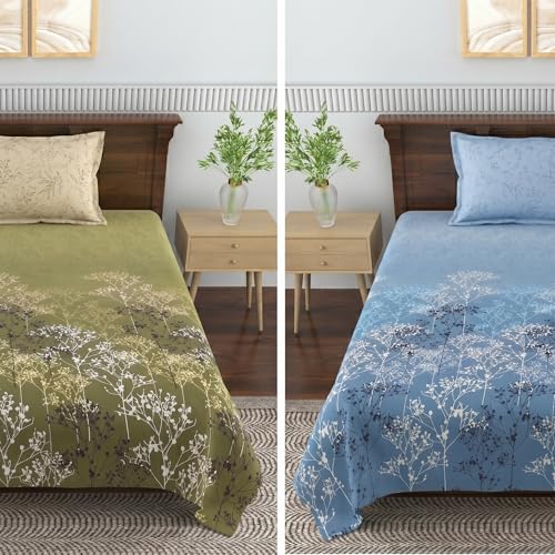 Image of Mafatlal Pure Cotton Single Bedsheet Combo Pack of 2 with Pillow Covers | Soft Breathable Printed Bed Sheets for Home | Green & Blue