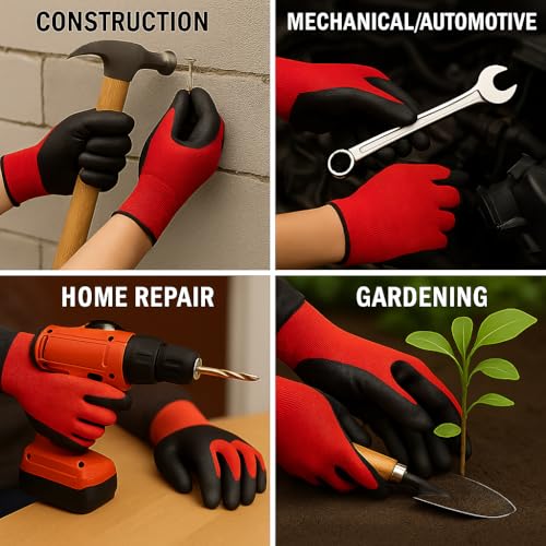 Image of Nylon Safety Work Gloves with Nitrile Coating - Industrial-Grade Protection for Cleaning, Warehouse, Mechanics, Construction - Durable, Flexible, Non-Slip Grip (Red & Black, 20 Pair)