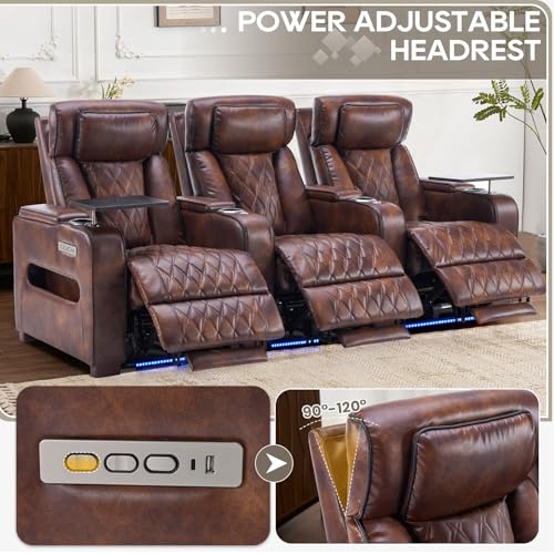 Image of Luxury Home Theater Seating - Power Recliner with Adjustable Headrests, Blue LED Ambient Lighting, Tray Table, USB & Type-C Charging (Light Brown,4 Seat)