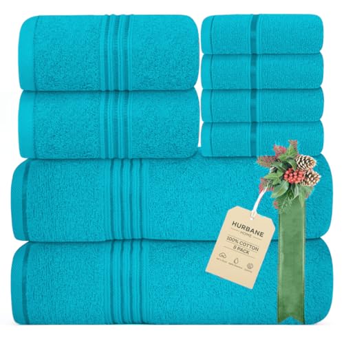 HURBANE HOME 8 Piece Bath Towels for Bathroom - 100% Cotton Soft Absorbent Bathroom Towels Set - 2 Extra Large Bath Towels 2 Hand Towels & 4 Washcloths - Hotel Spa Thick Plush Towel Turquoise