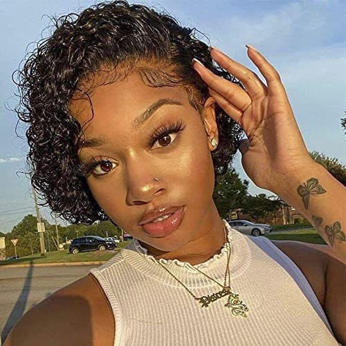 Perruque Femme Naturelle Courte Bouclée 13x1, Perruque Cheveux Naturel Brésilienne Lace Frontal 150% Densité Cover