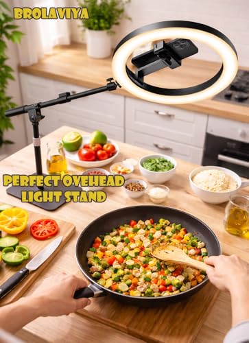 Image of BROLAVIYA No Shadow Overhead Video Mobile Floor Stand, Metal Arm,10inch Selfie Ring Light, 1 /4 inch Head for Camera, Webcam, and Mobile Bracket for Desktop, Bedroom, Office