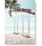 Beach Coastal Canvas Wall Art: Seaside Palm Tree Painting Ocean Swing Hanging on Coconut Trees Pi...