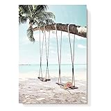 Beach Coastal Canvas Wall Art: Seaside Palm Tree Painting Ocean Swing Hanging on Coconut Trees Picture Light Blue Sky Seascape Artwork Decor for Living Room Bathroom 16' x 11'