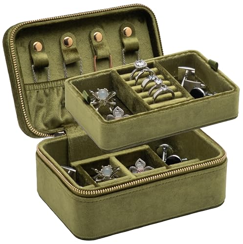 COWFEX Velvet Travel Jewelry Organizer Box with Zipper Around Portable Accessory Display Tray Holder Storage Case for Multiple Earrings Rings Necklaces Bracelets (Olive Green)