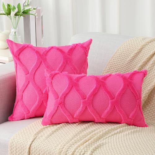 decorUhome Throw Pillow Covers 16x16 Inch Set of 2, Soft Plush Faux Fur Wool Hot Pink Couch Pillow Covers, Decorative Neutral Pillow Cases for Bed Sofa Living Room Home Decor