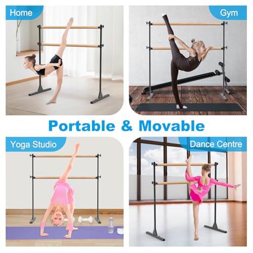 BeneLabel Ballettstange Freistehend, 10 Höhenverstellbare Ballet Stange Kinder Mädchen Tragbare Tanzstange Erwachsene Zuhause Mobile Boden Fitness Yoga Stretchstange Holzstange, 120 x 71cm/Schwarz