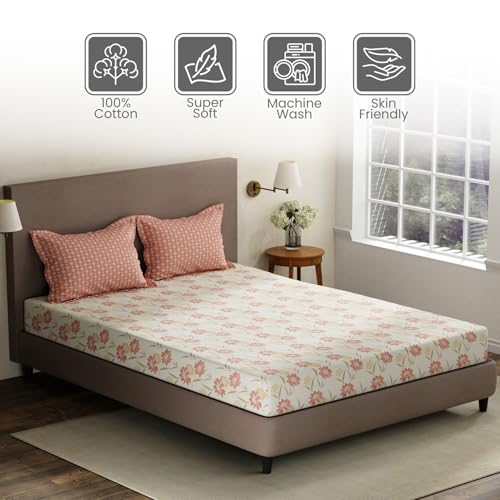 Image of Layers 100% Cotton King Size Bedsheet Set | White & Pink Floral Print | 120 TC Forever Collection | Soft & Breathable | Washable Bedsheet with 2 Pillow Covers | All Season