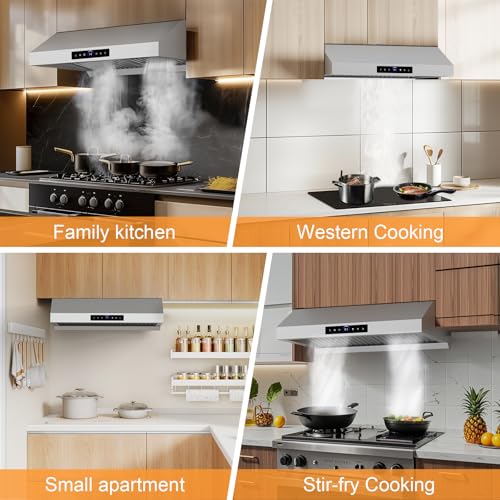 30 Inch Under Cabinet Range Hood 1200CFM, 4-Speed Kitchen Hood with Touch Control & Gesture Sensing Stainless Steel Kitchen Stove Vent Hoods with 2 LED Lights Pro Series