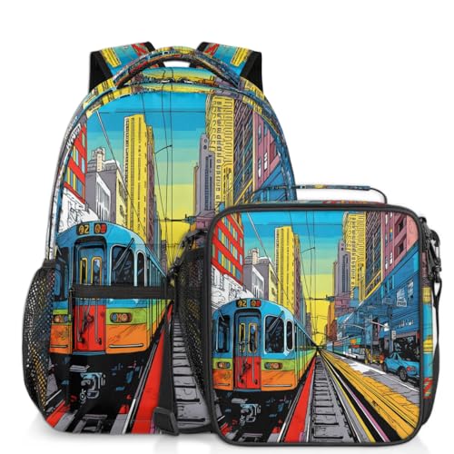 City Subway Rail Backpack with Lunch Box Travel Backpack Bookbag & Lunch Bag Insulated Lunchbox Waterproof Daypack Laptop Backpack Freezable Lunch Bag