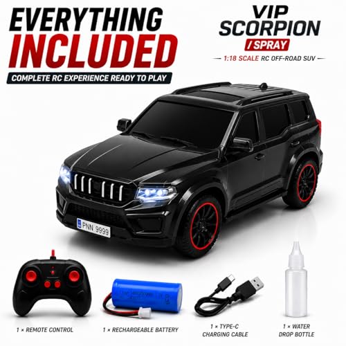 Image of The Flyers Bay 1:18 Scale Scorpio-Style Remote Control SUV Car for Kids | 2.4GHz Long Range Remote, Spray Mist Effect, Police Lights & Siren, Rechargeable Battery (Black)